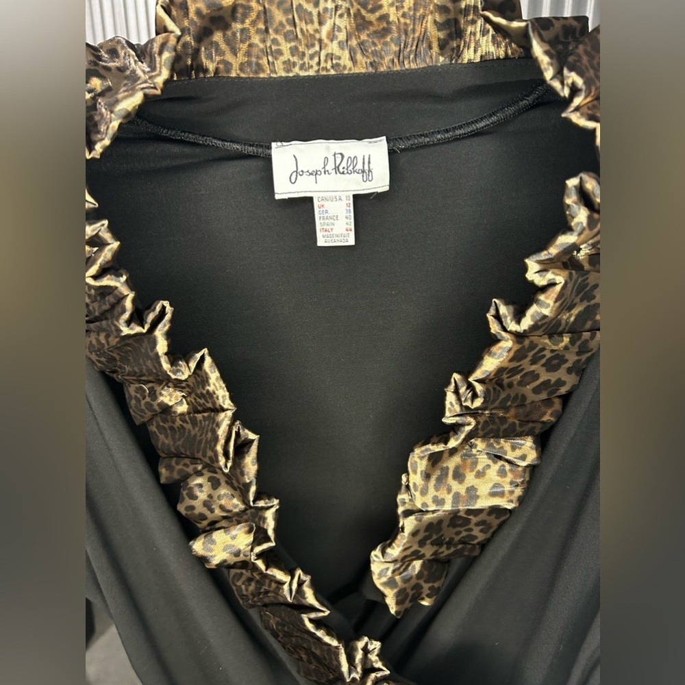 Women’s Vintage Joseph Ribkoff Black Cheetah Designer Long Sleeve Ruffle Size 10 - Picture 3 of 6